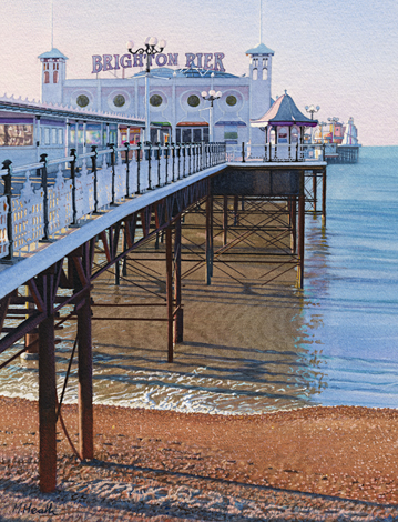 A painting of Brighton Pier, Sussex in early morning sunlight by Margaret Heath.